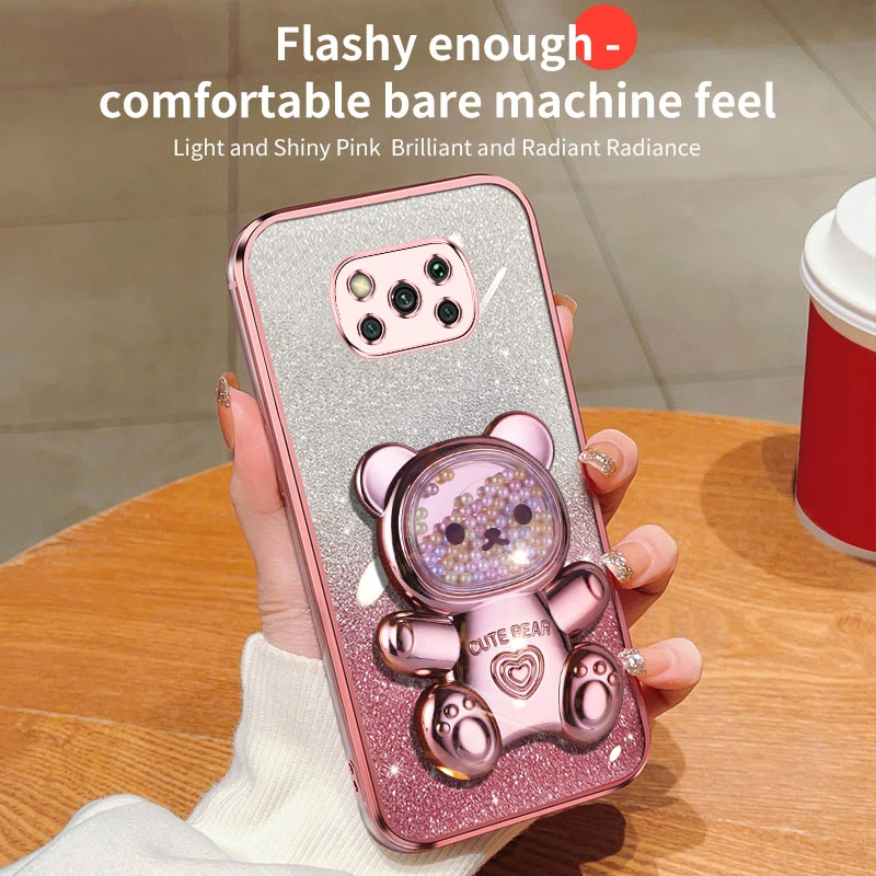 pokox3 x5 Quicksand Bear Glitter Holder Phone Case On For Xiaomi Mi Poco X5 GT NFC X3 M4 M3 M2 Pro Stand Cover F4 F5 F2_voghion.com
