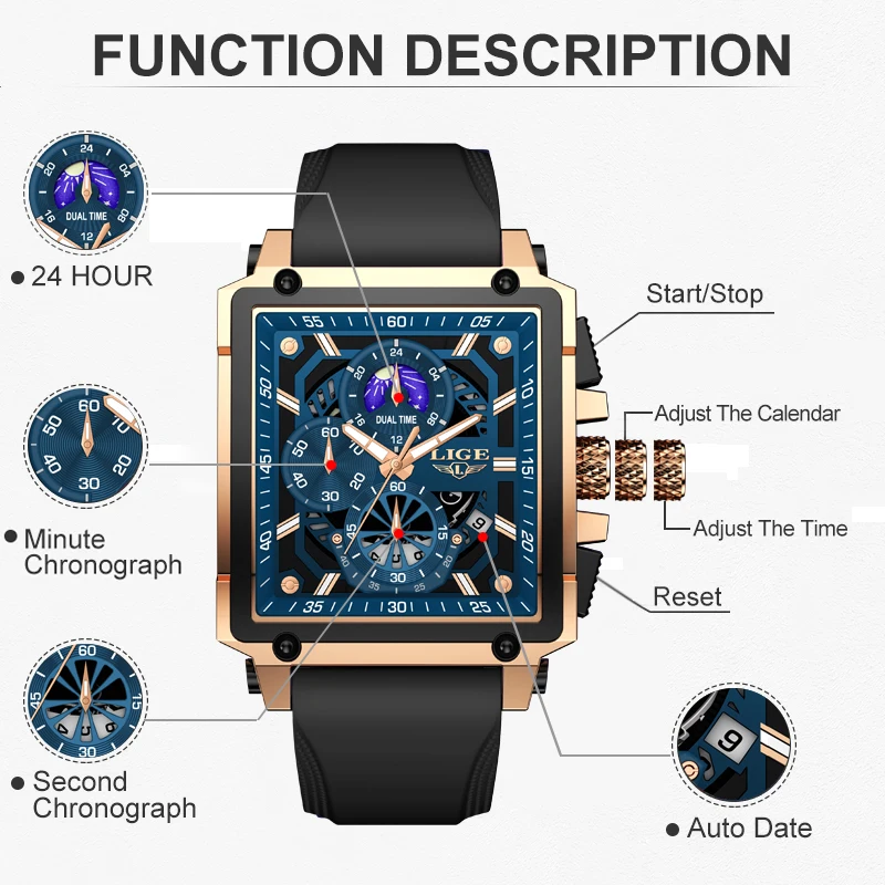 LIGE New Outdoor Sports Watches For Men Military Waterproof Men's Quartz Wristwatch Fashion Silicone Square Date Chronograph