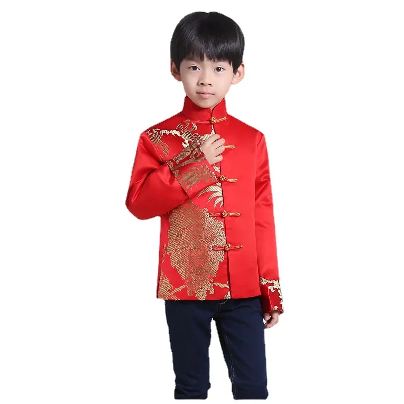 Tang Suit Red Traditional Chinese Clothing for Men Kids Boy Hanfu Top New Year Outfit Dragon Print Coat Ancient Jacket for Child