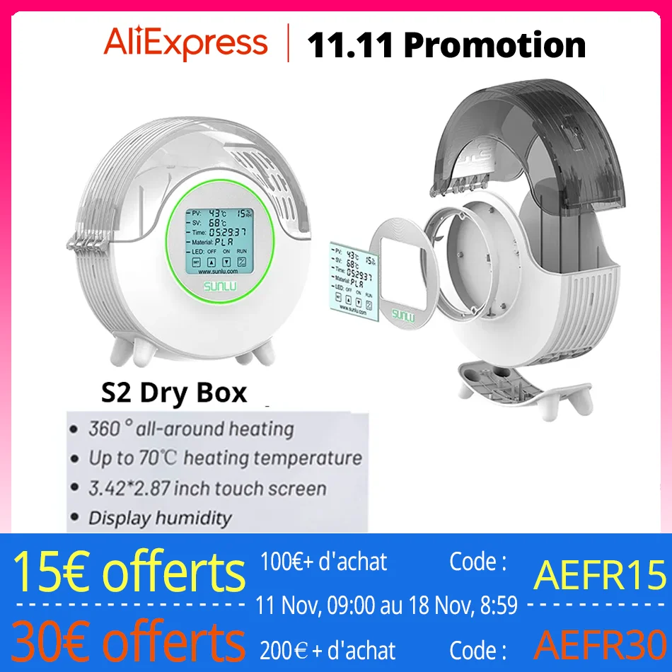 SUNLU S2 Boîte de séchage Affichage Surveillance de l'humidité Séchage 70 ℃ Chauffage 360 ° Écran tactile LED à réglage uniforme du temps sec