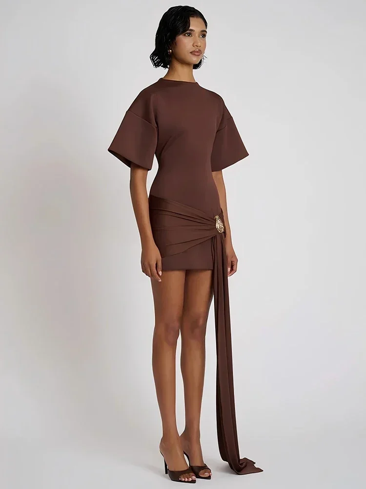 Chaxiaoa Fashion Short Sleeve Ruched Sexy Mini Dress Women Elegant Metal  Decoration Solid O Neck High Waist Club Dresses New