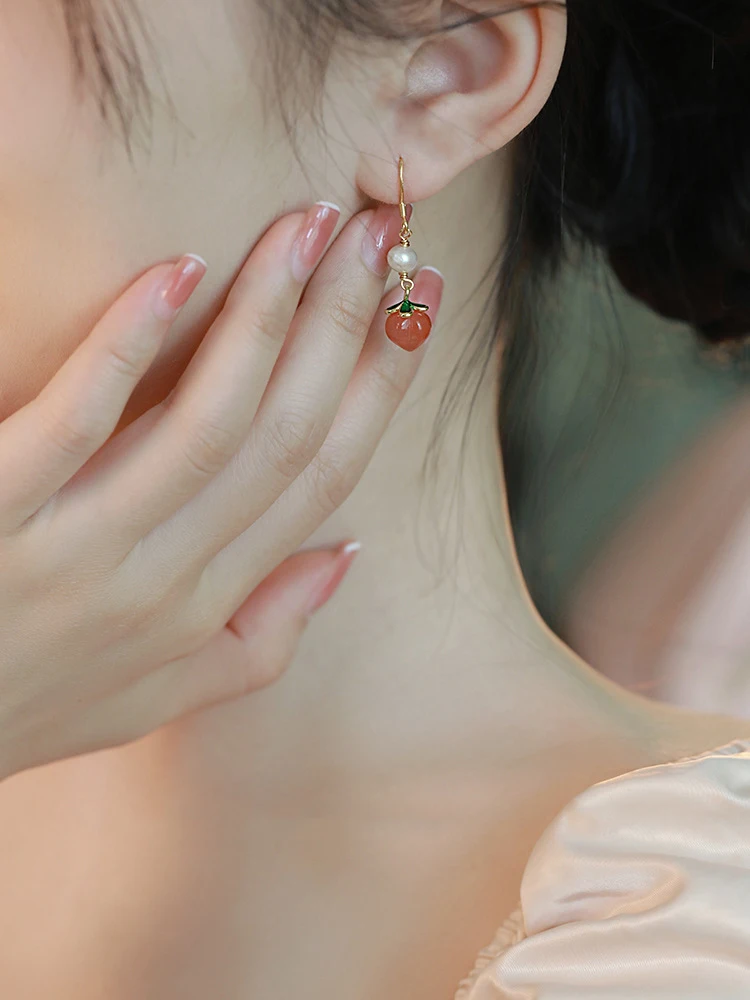Jade-Edelstein-Haken-Ohrringe, einzigartiges Geschenk für Mädchen, Schmuck, natürliche rote Achat-Pfirsich-Ohrringe mit Nischen-Dsign, niedliche Perlenohrringe, trendig – Detail 6