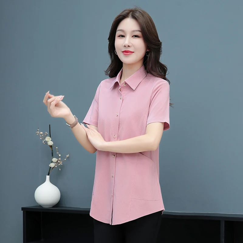 New Women'S Loose Pocket Short Sleeved Top Middle-Aged Mothers Summer Fashion Versatile Medium To Long Length Chiffon Shirt Lady