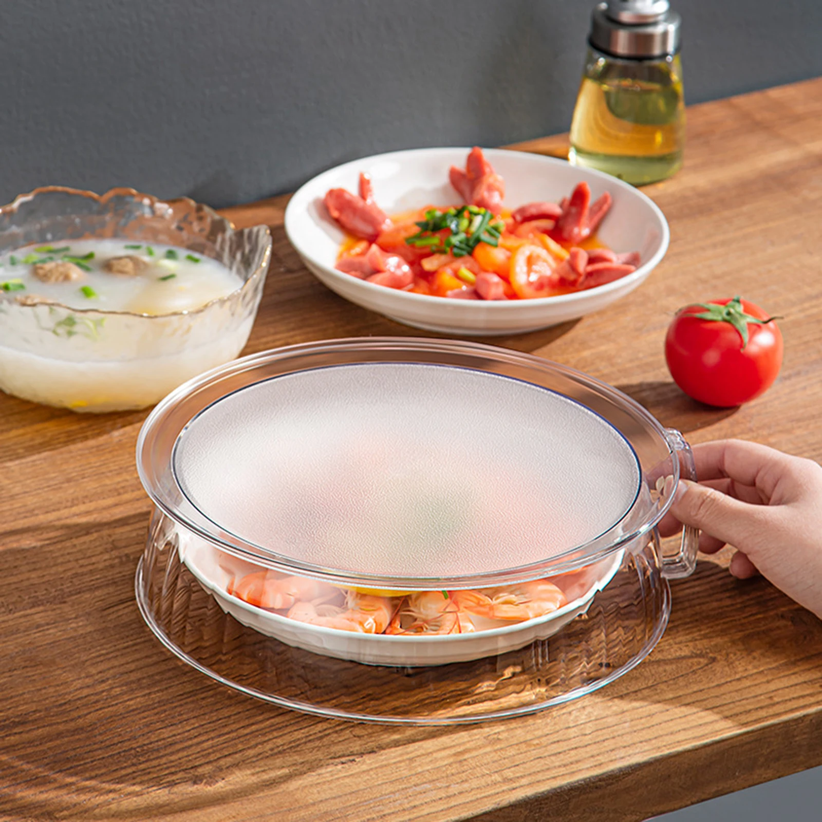 Microwave food serving plate cover transparent smooth surface with handle 10"