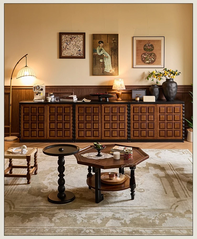 French Vintage Solid Wood TV Stand Cabinet Modular Storage Unit Mid Century Modern Floor Cabinet Furniture Living Room Home