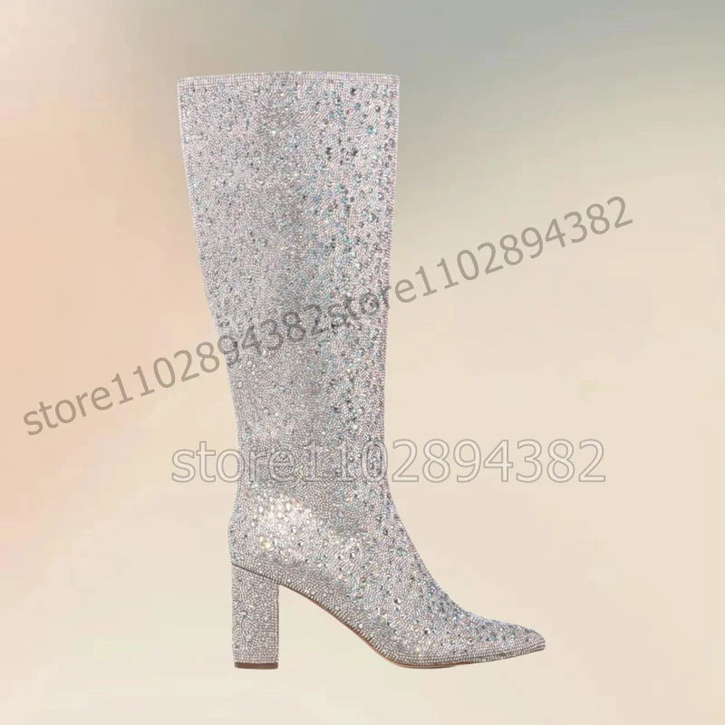 

Colorful Rhinestone Decor Pointed Toe Boots Side Zipper Women Shoes Chunky High Heels Fashion Banquet 2023 Zapatos Para Mujere