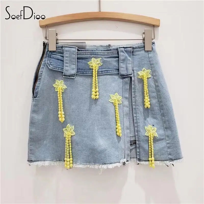 

Soefdioo Beading Tassel Flower Design Stunning Denim Mini Shorts Skirts Women Sexy High Waist High Split Hip Hipster Skirts
