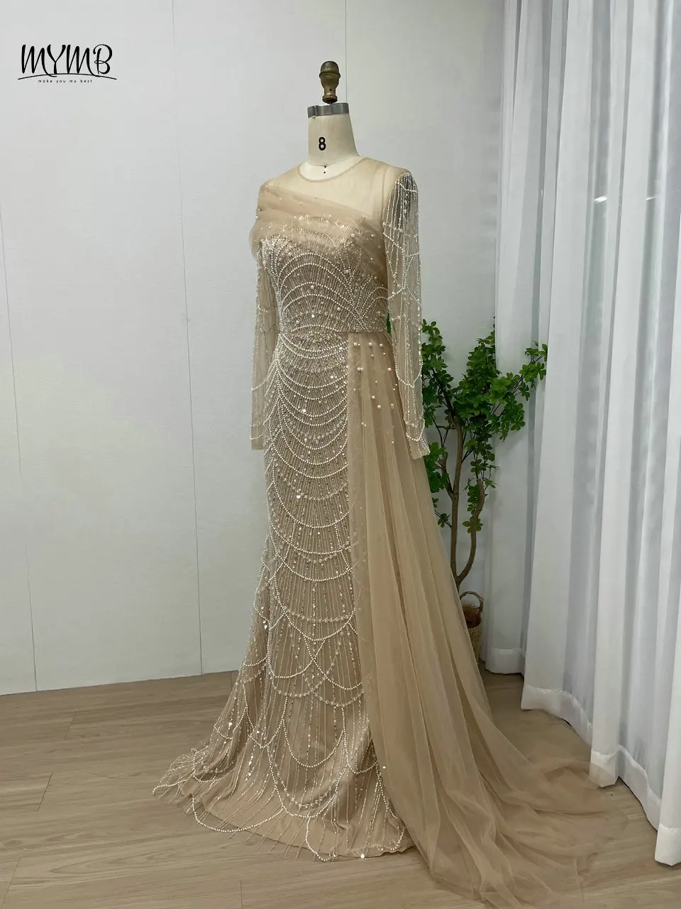 MYMB Stilvolle Perlen-Meerjungfrau-Champagner-Abend-Hochzeitskleider für Frauen, muslimische, elegante, lange Ärmel, Partykleider mit Überrock – Detail 17