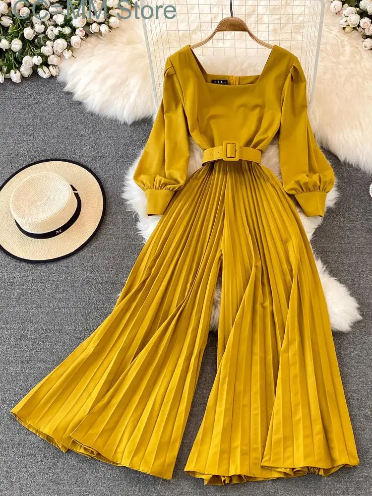 New Sweet Style Women Jumpsuits Pleated Square Collar High Waist Solid Color Lace-up Jumpsuit Spring Summer solid color square hairscarf silk satin hair scarf soft neckerchief pleated small hair scarf decorative headscarf headwear