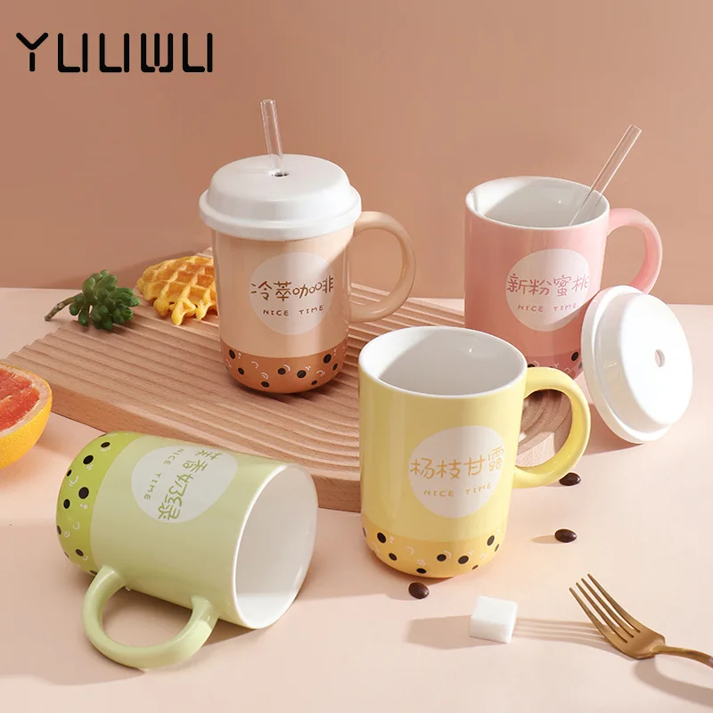 Cute Cartoon Rabbit Iced Mug With Straw Cups Creative Ceramic Coffee Mug  With Silicone Lid Children Student Breakfast Water Cup - Mugs - AliExpress