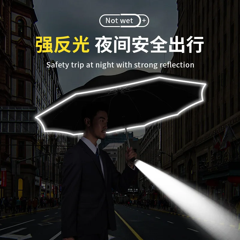 

Automatic UV Umbrella With LED Flashlight Reflective Stripe Reverse Large Umbrellas Windproof Strong Parasol