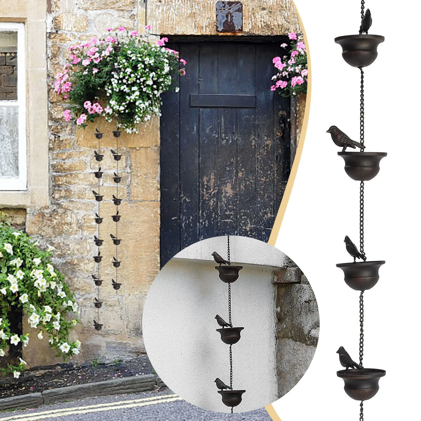 Creative Birds On Cups Metal Rain Chain Rain Catcher For Gutter Roof Decoration Metal Drainage Chain Downspout Tools