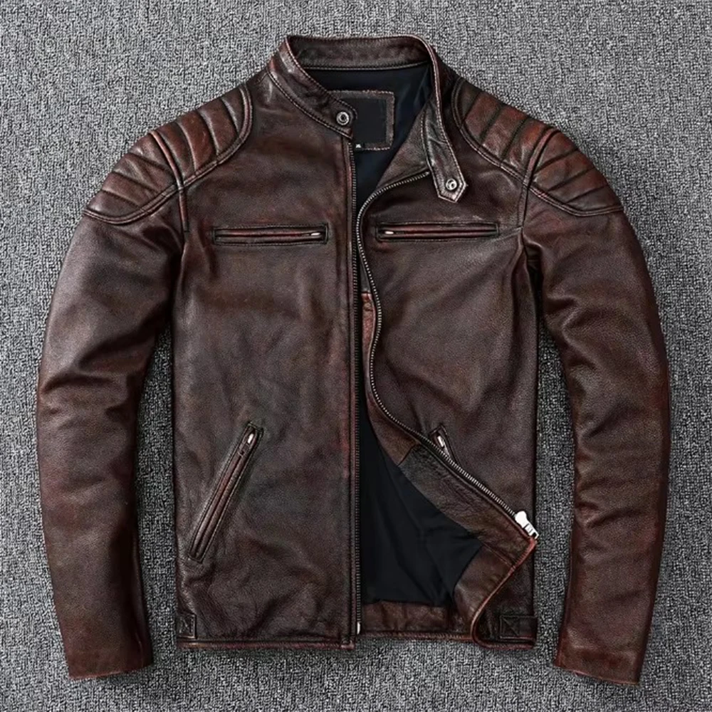 Men Leather Jacket Top Layer Cowhide Stand Collar Motorcycle Clothes Autumn Winter Plus Size