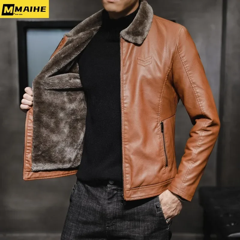Brand Leather Jacket Men's Winter Motorcycle Clothes Leanther Jacket Men's Thickened Fur Collar Windproof Pu Leather Coat Male