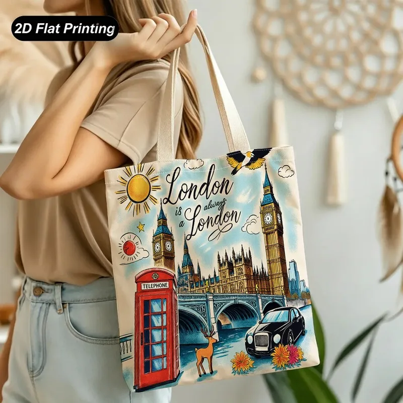 1PC【Tote Bag】Chic London-Style Printed Tote - Large Capacity for Shopping, Travel, and Daily Commute