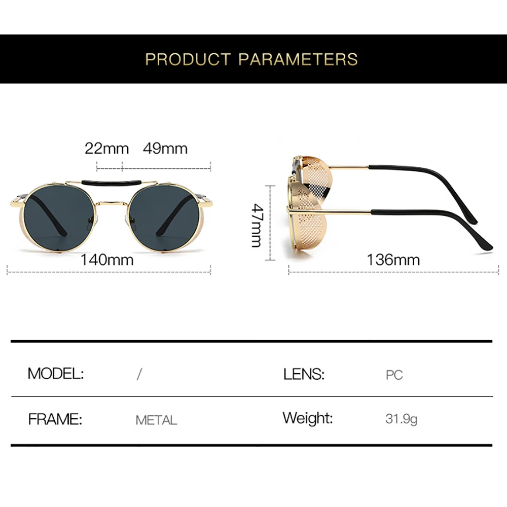 Men Driving Sunglasses with Side Shield Steampunk Round Alloy Sun Glasses Color Eyepiece Women Vintage UV400 Sun Shades New