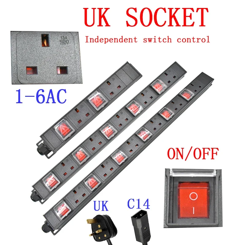

PDU 1U network cabinet rack mounted power board distribution UK socket independent switch control 2m line 1-6AC socket