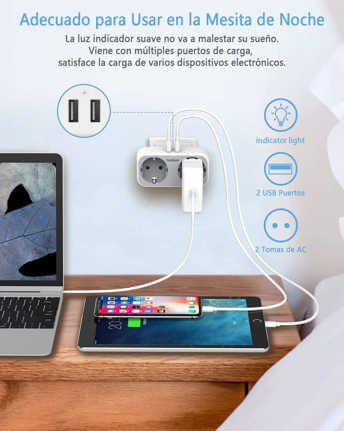 TESSAN Gray/White/Black EU Socket Adapter with 2 AC Outlets and 2 USB Ports Wall Power Strip 110~230V Overload Protection Power Strip Plug Adapter