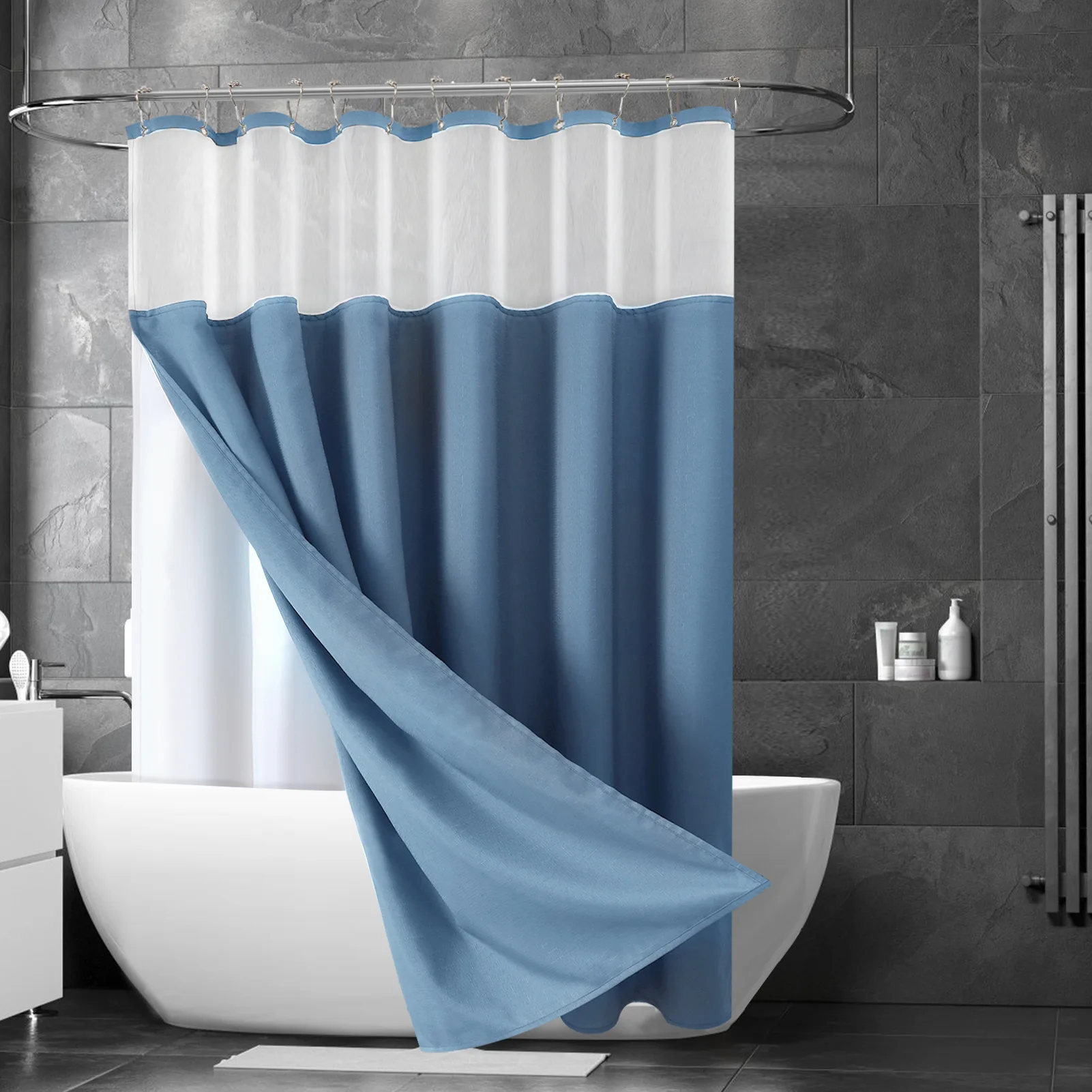 

Solid Color Bamboo Linen Double-layer Waterproof Shower Curtains Hotel Bathroom Partition Hook Curtain Privacy Blackout Fabric