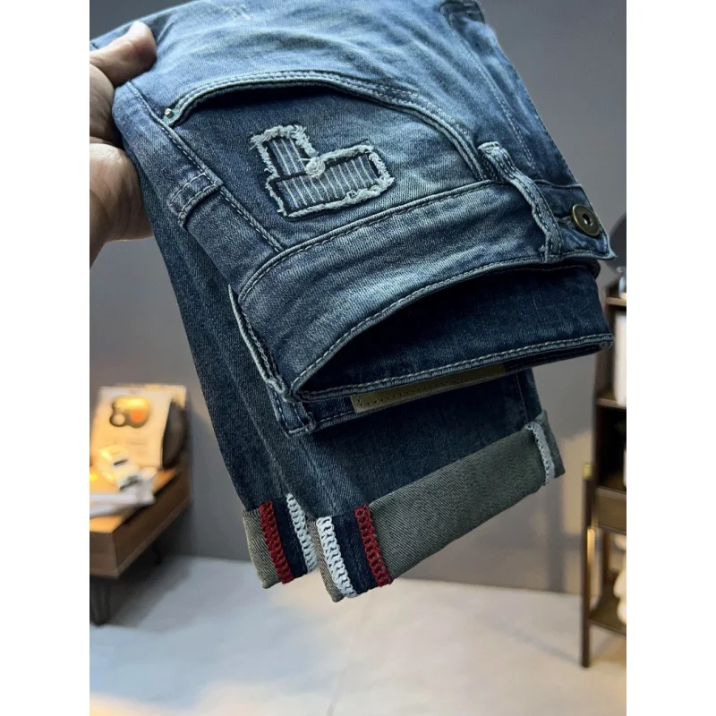 Hole & Patch Belt Style High-End Elastic Trend Blue Slim Fit Ankle-Length Soft Jeans Men's 2024 New