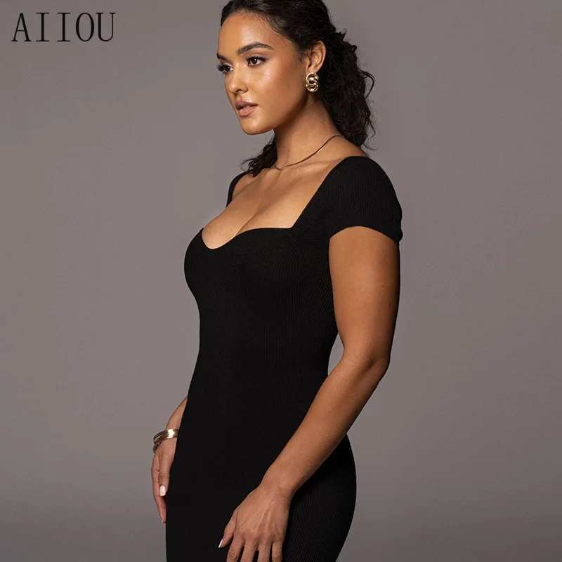 

AIIOU Knitted Elastic Black Elegant Outfit Gorgeous Bodycon Evening Dress for Women Summer Chic Office Lady Party Slim Dresses