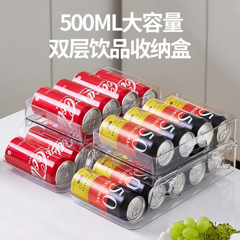 

Double Layer Beverage Storage Box Automatic Roll Down Storage Rack Refrigerator Beer Coke Soda Large Capacity New