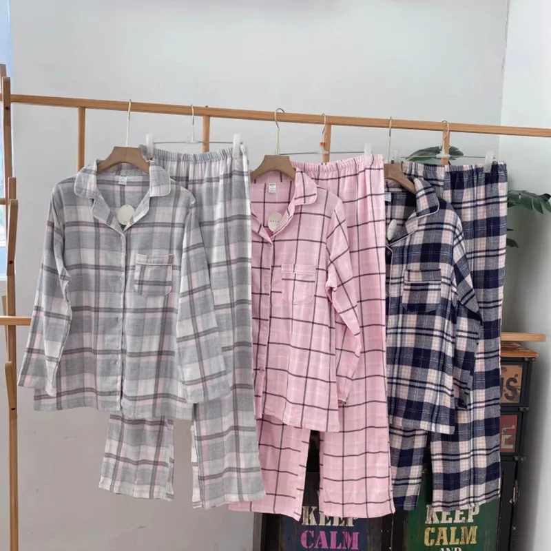Autumn Long Sleeves Pajamas For Women Knitted Cotton Plaid Pajama Set Breathable Comfortable