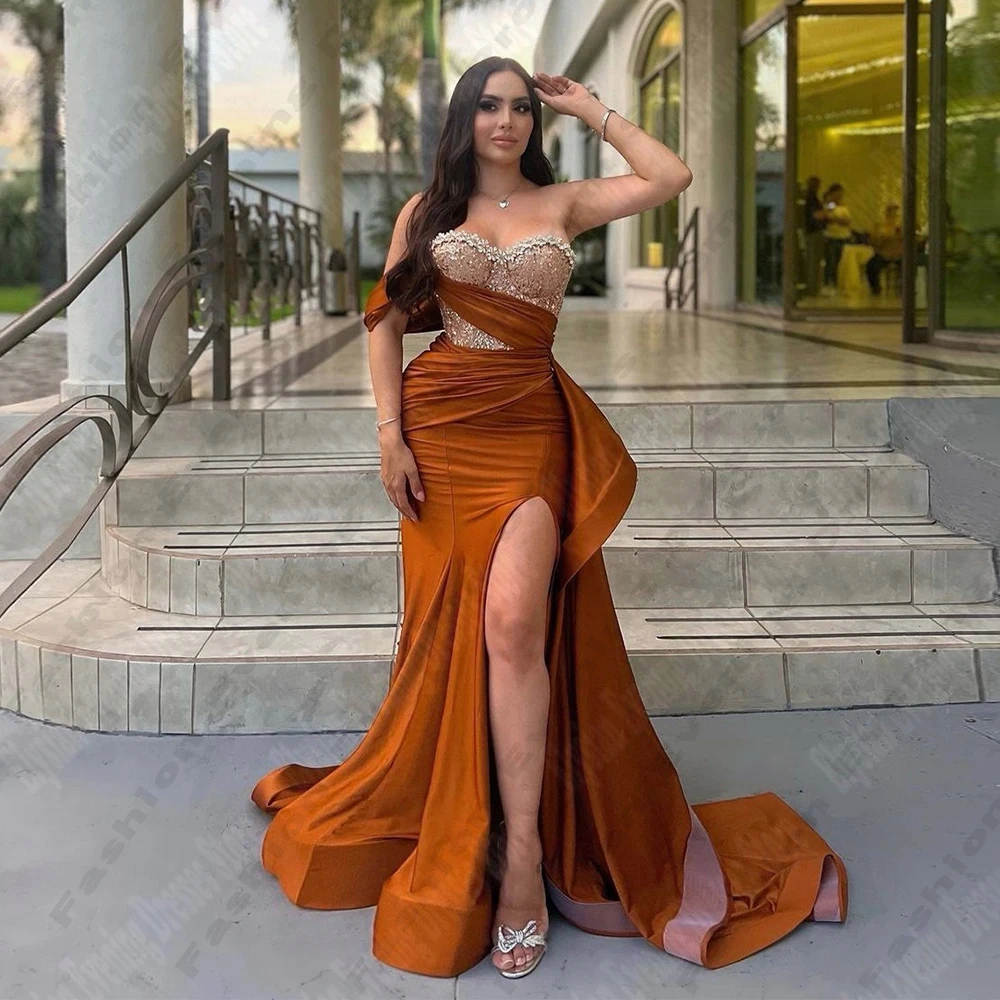 Sexy Mermaid Satin Evening Dresses Side High Split Women Formal Gowns Strapless Sparkling Beaded Vestidos De Noche evening dresses