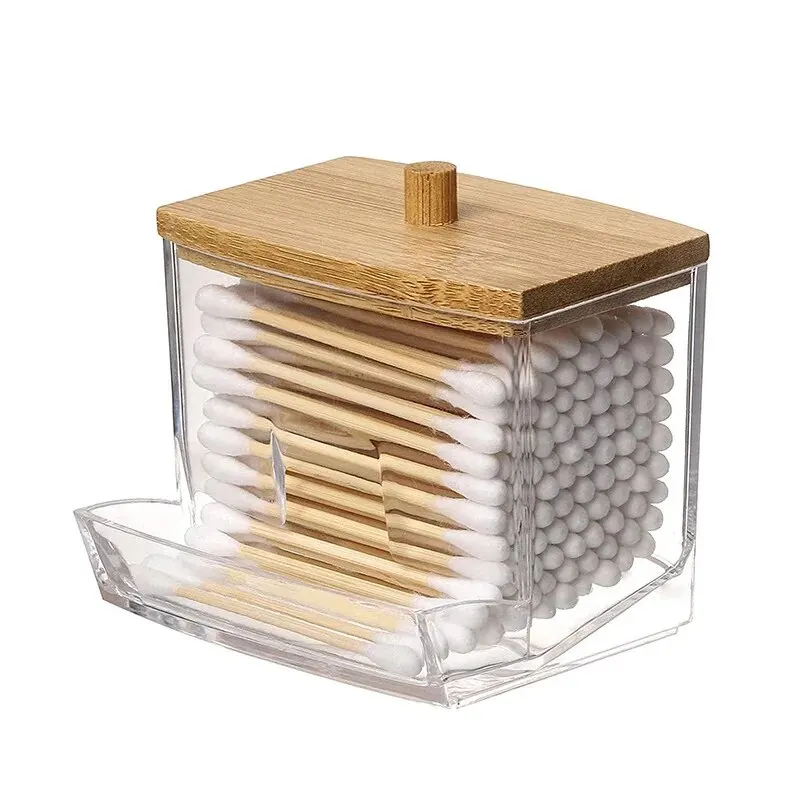 Cotton Swab Organizer Acrylic Bamboo Lid Portable Round Container Cosmetic Cotton Puff Storage