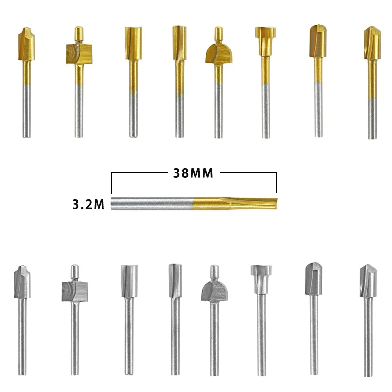 10pcs 1/8 HSS 우드 라우터 비트 파일 티타늄 코팅 미니 3mm 우드 커터 밀링 Dremel 로터리 세트에 적합 목수 도구 케이스 포함