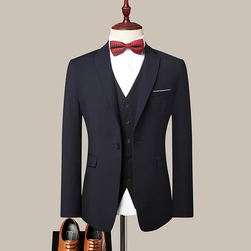 Male Suits 3 Piece Sets Fashion Blue Single Button Jacket Business Slim Chic Elegant Groomsmen Formal Set(Blazer + Vest + Pants)