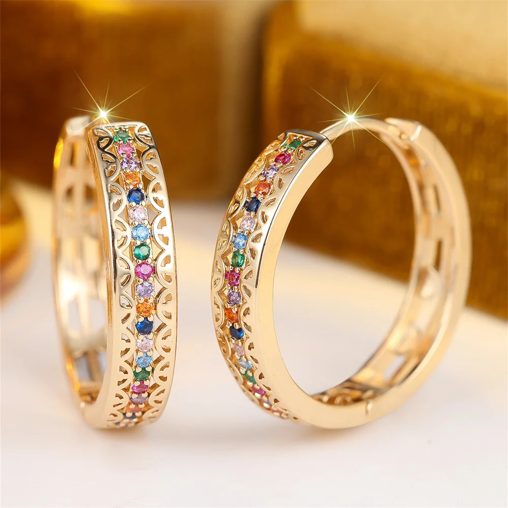 Antique Hollow Flower Multicolor Crystal Hoop Earrings For Women Vintage Gold Color Ear Buckle Wedding Party Jewelry Bridal Gift