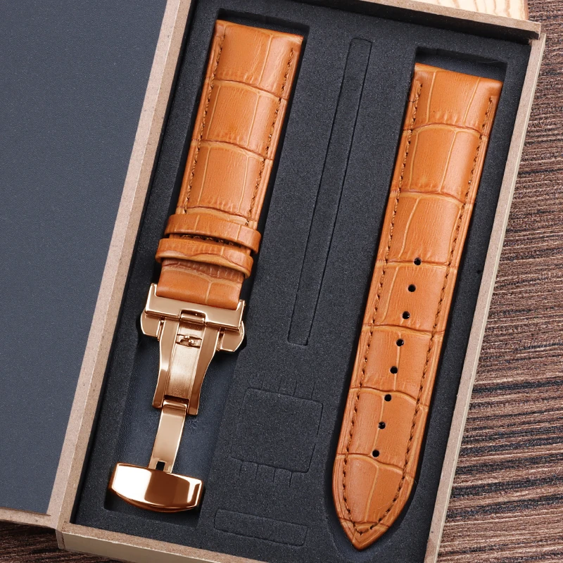 Luxury Genuine Cowhide Leather Watch Strap with Butterfly Clasp and Gift Box