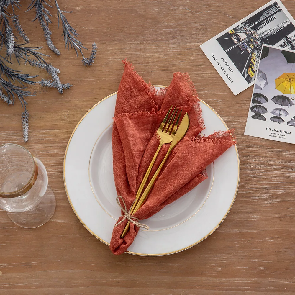 40pcs 43cm/17inch Cloth Napkin Cotton Gauze Retro Burr Rustic Kitchen Towel Dining Place Mat Wedding Party Dinner Napkin Mariage