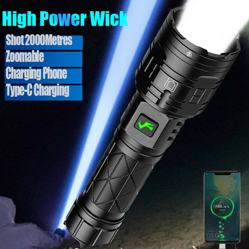 High-power 300W 3000m Shot LED Rechargeable Flashlight Lamp XHP160 Beads  Portable Torch 5 Lighting Modes Zoomable Camping Light