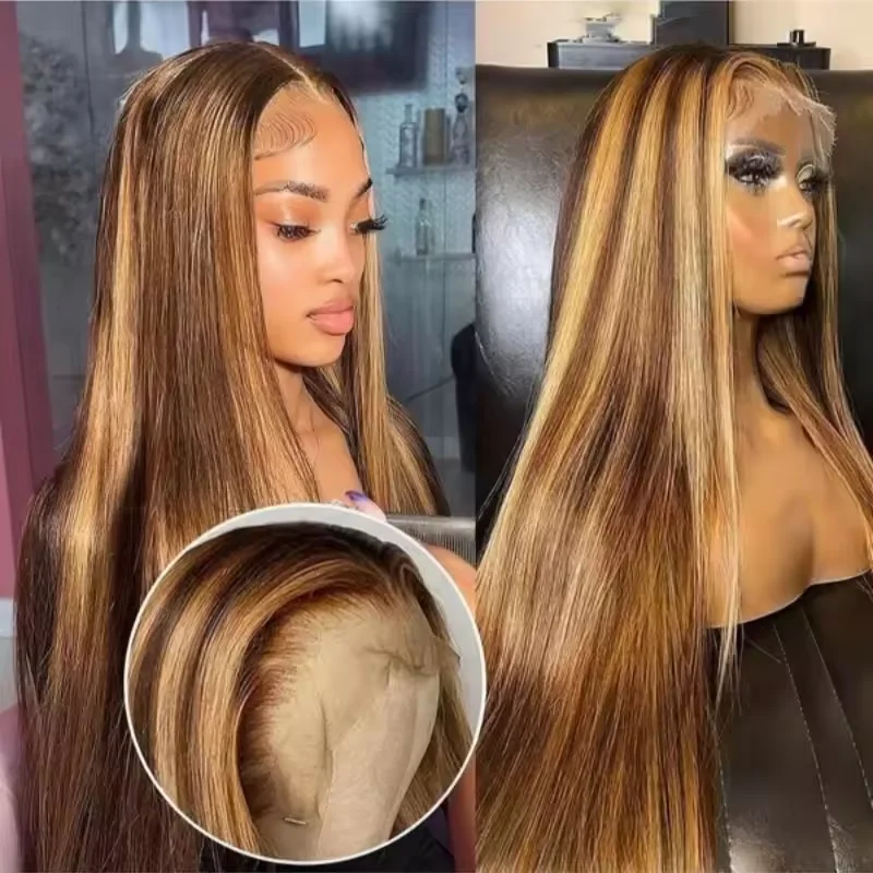 32 Inch 5x5 Straight Highlight HD Lace Front Human Hair 13x4 Lace Frontal Wigs 4/27 Ombre Honey Blonde Color Wig For Women 3