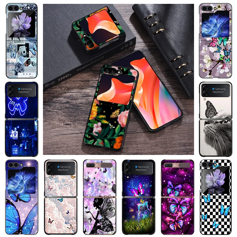 Custodie Rigide Per Samsung Z Flip 5 4 3 5G Blue Flower Pink Butterfly Galaxy Z-Flip4 Zflip5 Cover Nera Opaca