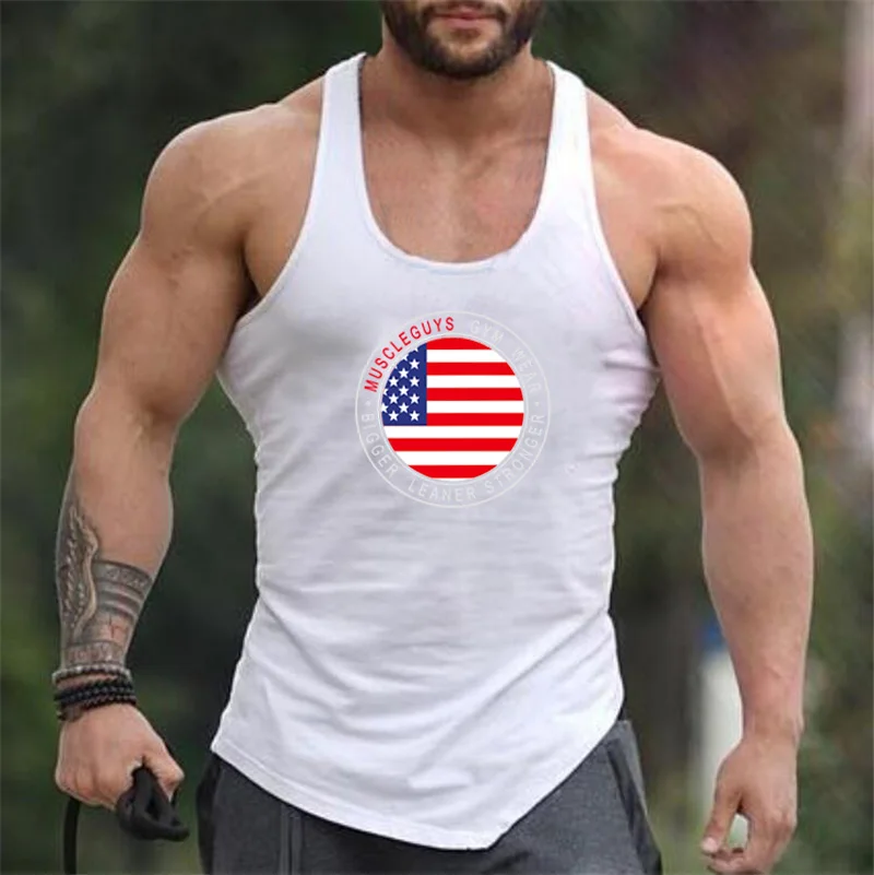 

Muscleguys Breathable Casual Tank Top Workout Singlet Cotton Sports Vest Bodybuilding Stringer Sleeveless Tees Fitness Printed