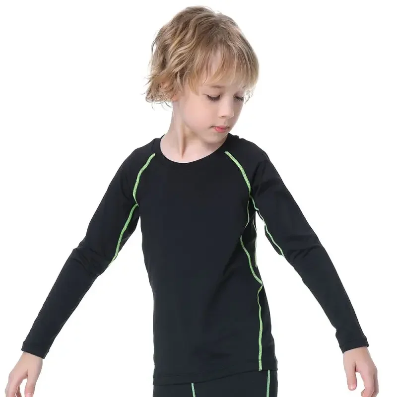 Kid Boys Sports Compression Top Long Sleeved Velvet T-shirt Child Fitness Quick-Drying Training Football Fleece Base Layer Shirt