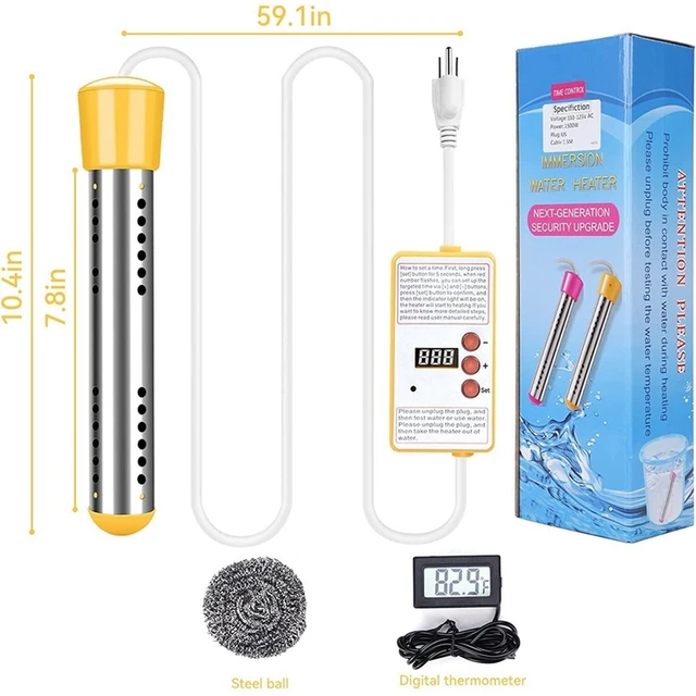 Immersion Water Heater, 1500W Electric Submersible Water Heater With Timer,  Stainless Steel Guard Cover