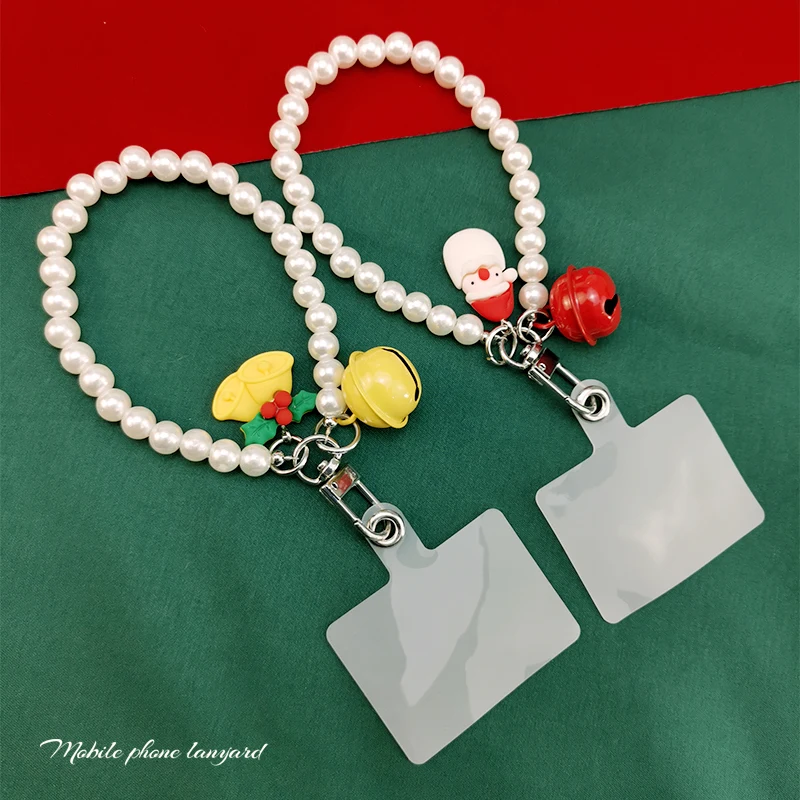 Mobile Phone Lanyard Short Christmas Wrist Chain Bell Santa Claus Pearl Handmade Beaded Pendant Hanging Tag Anti Loss Sling