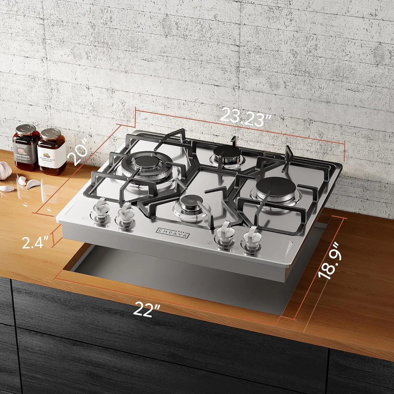 24" Gas Stove Cooktop 4 Italy Sabaf Sealed Burners NG/LPG Convertible Stainless Steel Cooker, 24 Inch