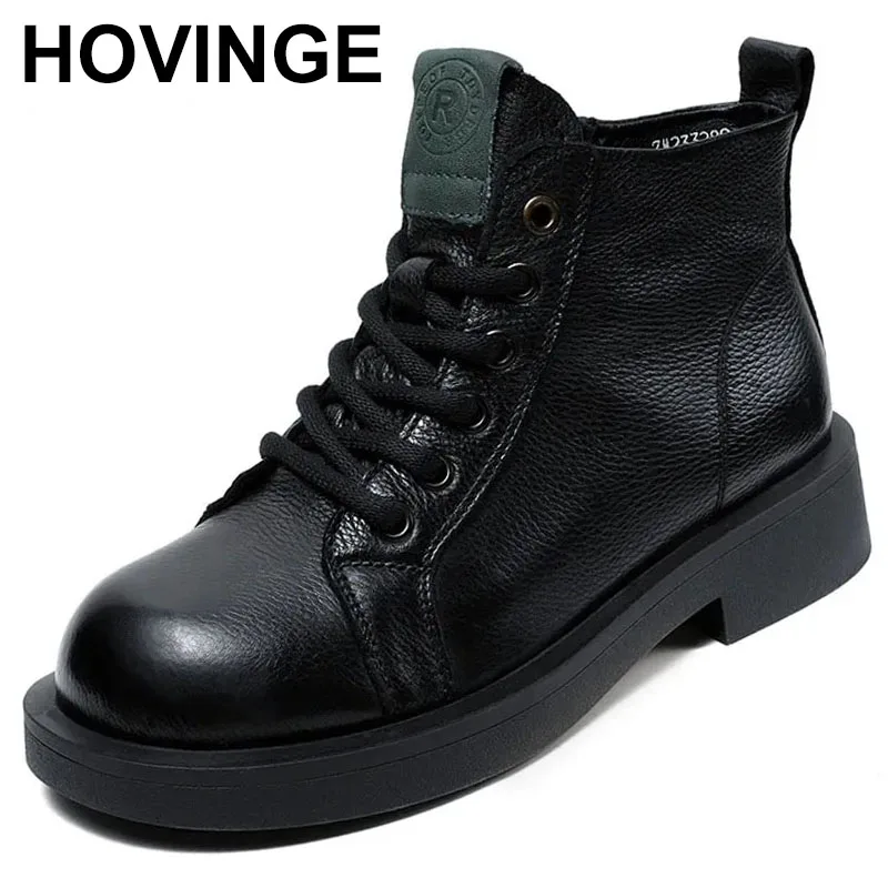 

Women Genuine Leather Boots Autumn Thick Heel Round Toe Zipper Ankle Boots For Women Retro Style Trend Casual Shoes