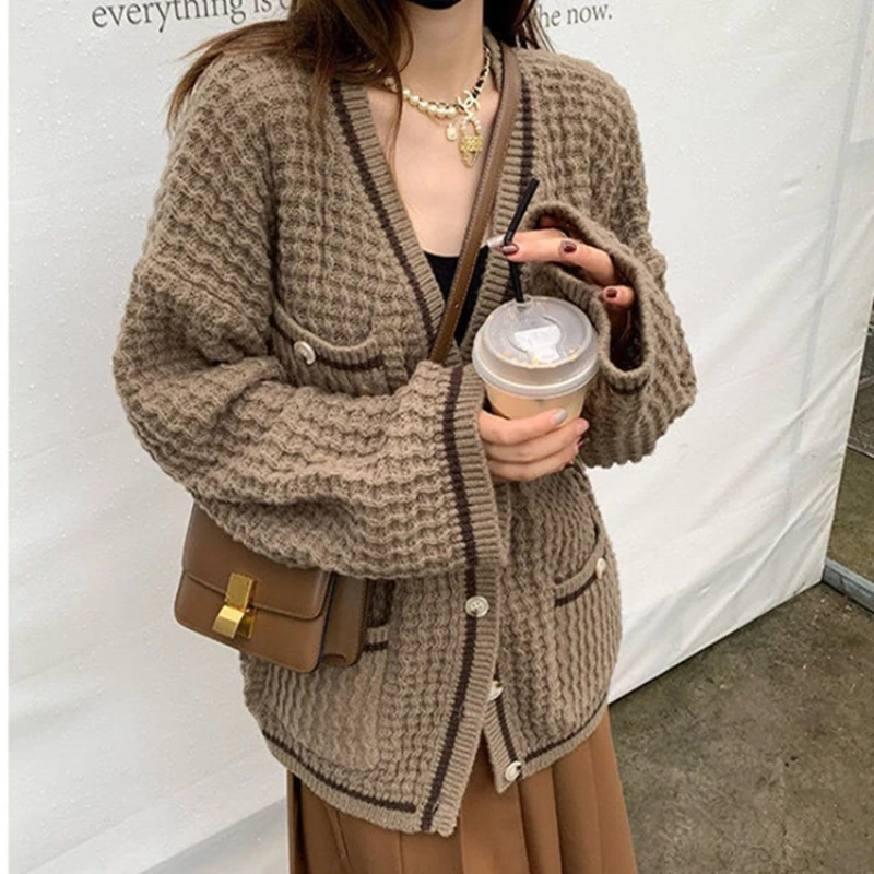 New Fashion Autumn and Winter Women's Elegant Women's Long Sleeve Cardigan Sweater Casual Single-breasted V-Neck Knitwear Top
