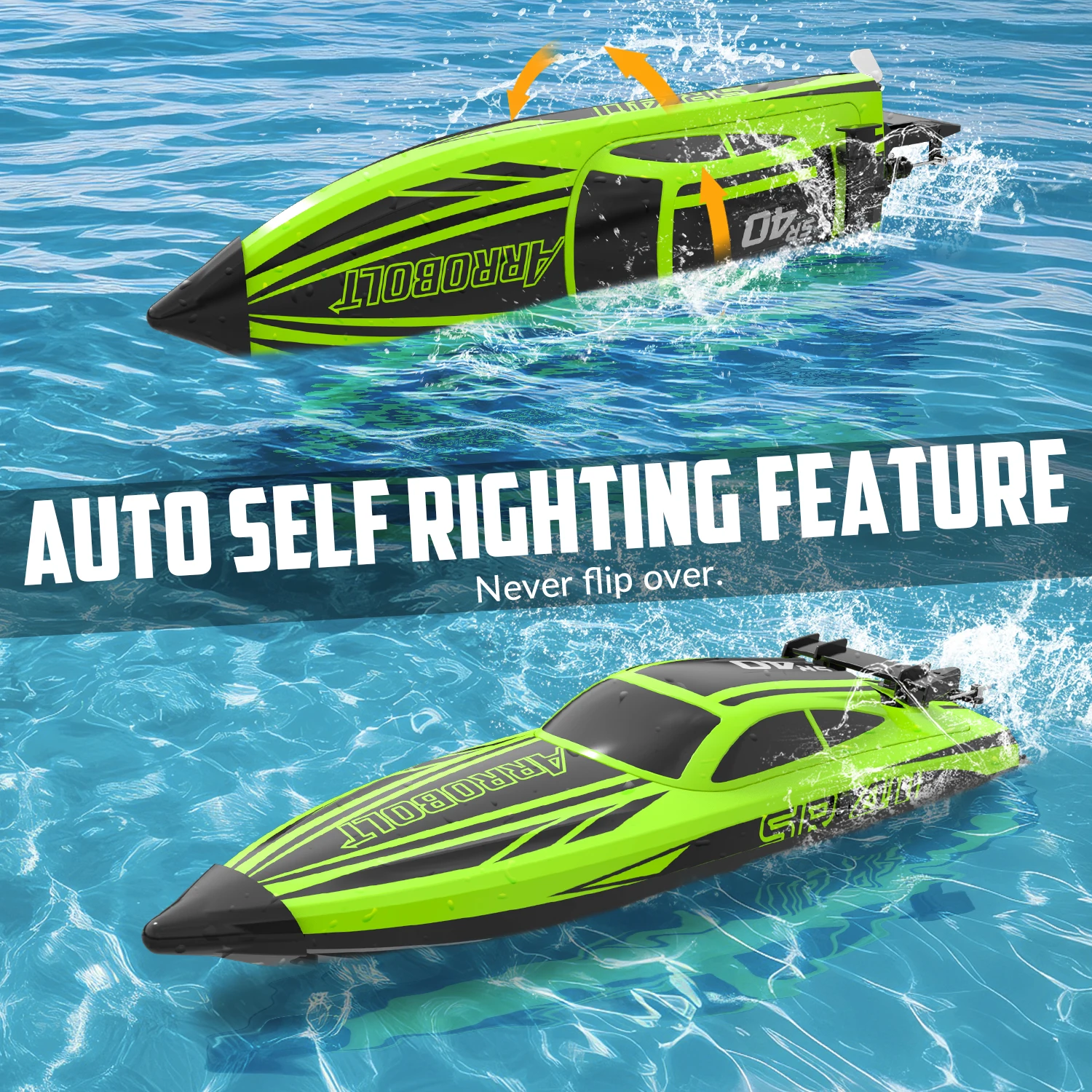 Bateau RC VOLANTEXRC Brushless 35+ MPH en virage serré, dérapage contrôlé sur l'eau.