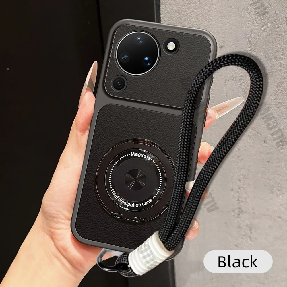 Magnetic Rotating Bracket Phone Case with Lanyard - PU Leather Soft Cover