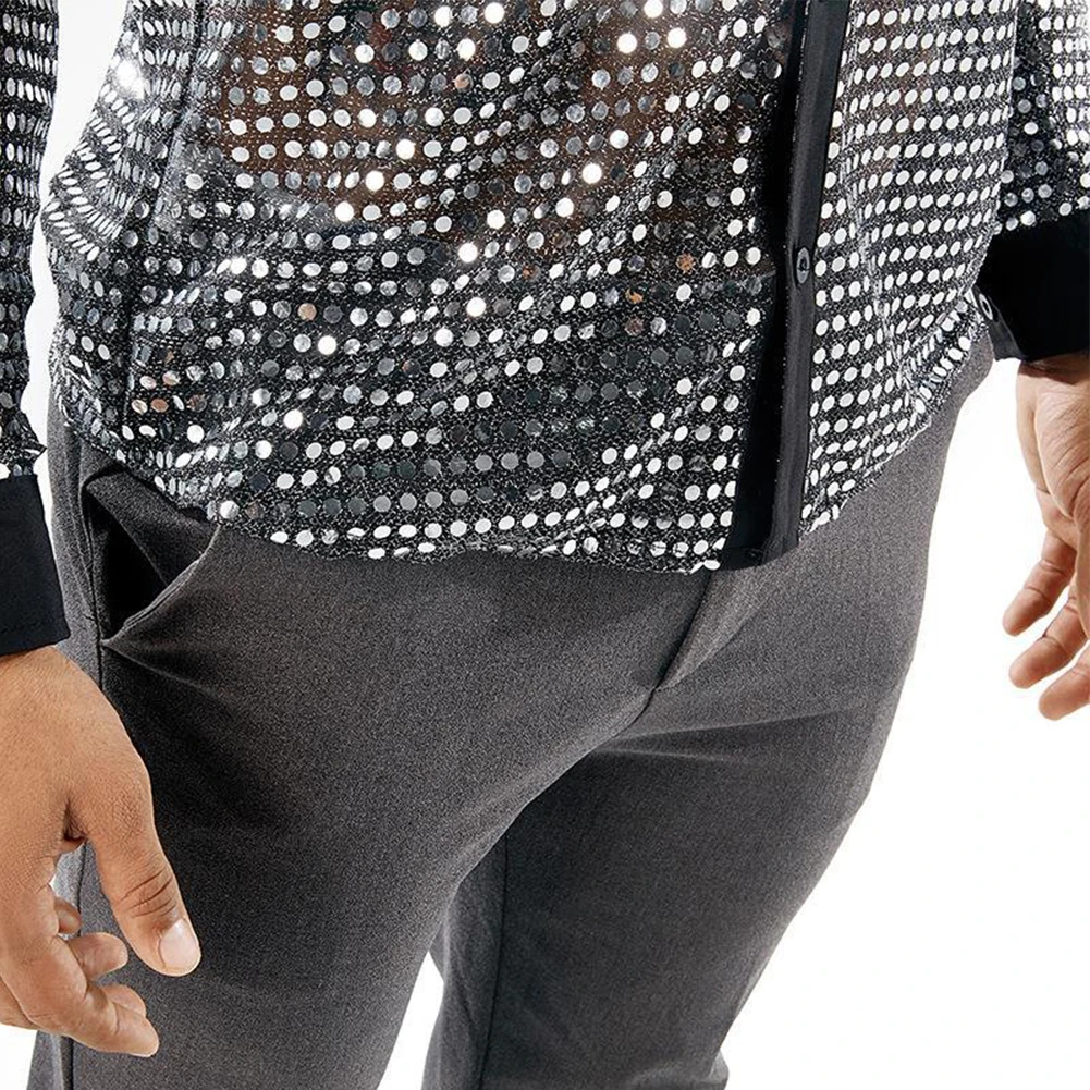 

New Mens Sparkly Sequins Party Dance Shirts Retro 70s Disco Nightclub Shirt Tops Casual Slim Fit Shiny See Through Prom Tops