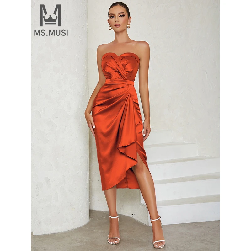 

MSMUSI 2024 New Fashion Women Sexy Strapless Falbala Ruffles Draped Fold Sleeveless Backless Bodycon Party Club Event Midi Dress