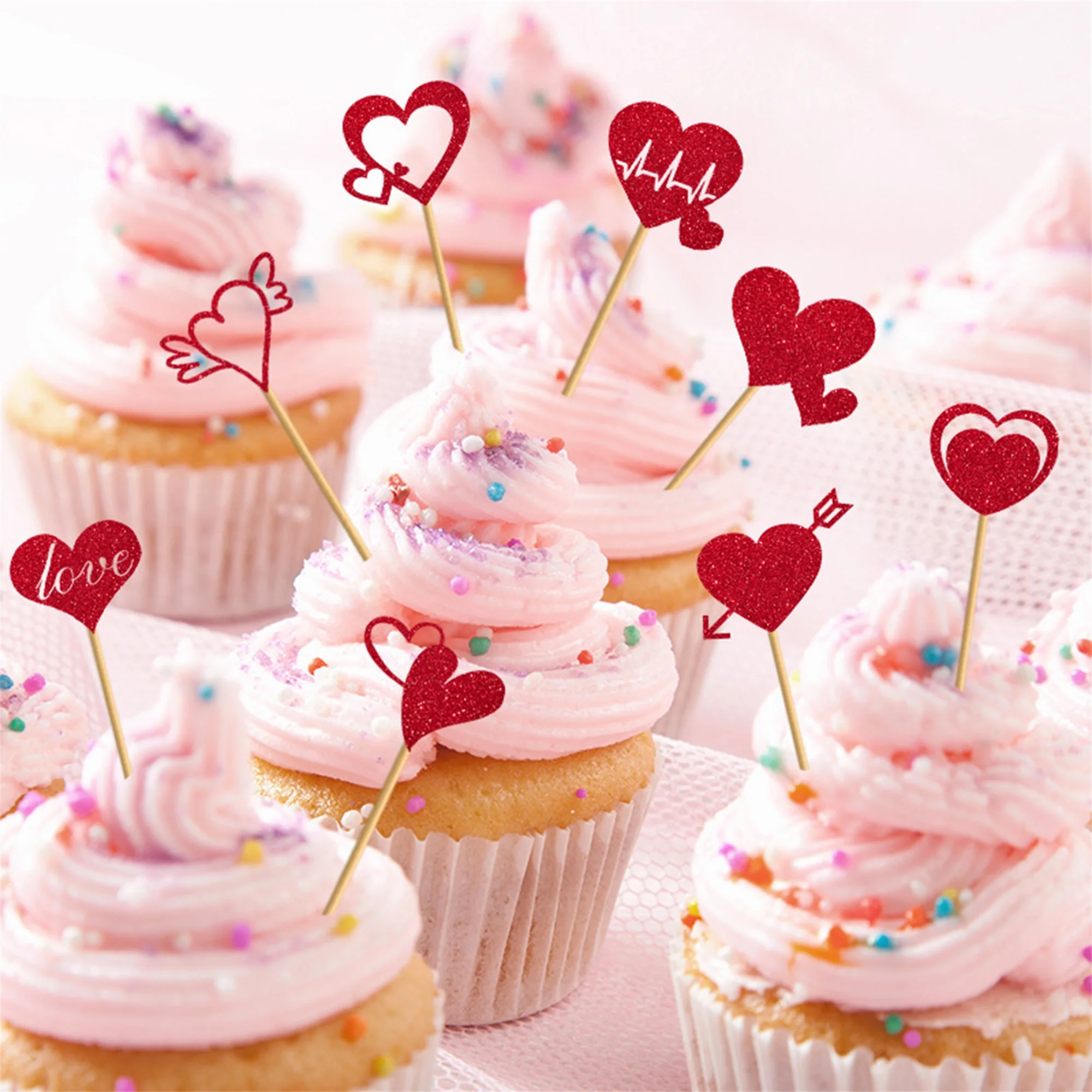 Valentine s Day Cake Decorations Set with Glitter Heart Cupcake Toppers - 8pcs Love Theme Party Supplies for Holiday