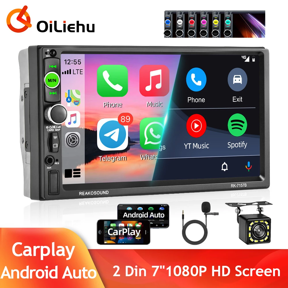 OiLiehu 2Din 7" Car Radio Apple Carplay Android Auto Stereo Receiver Touch Screen Bluetooth FM SD USB TF HD MP5 Player Autoradio android car video player